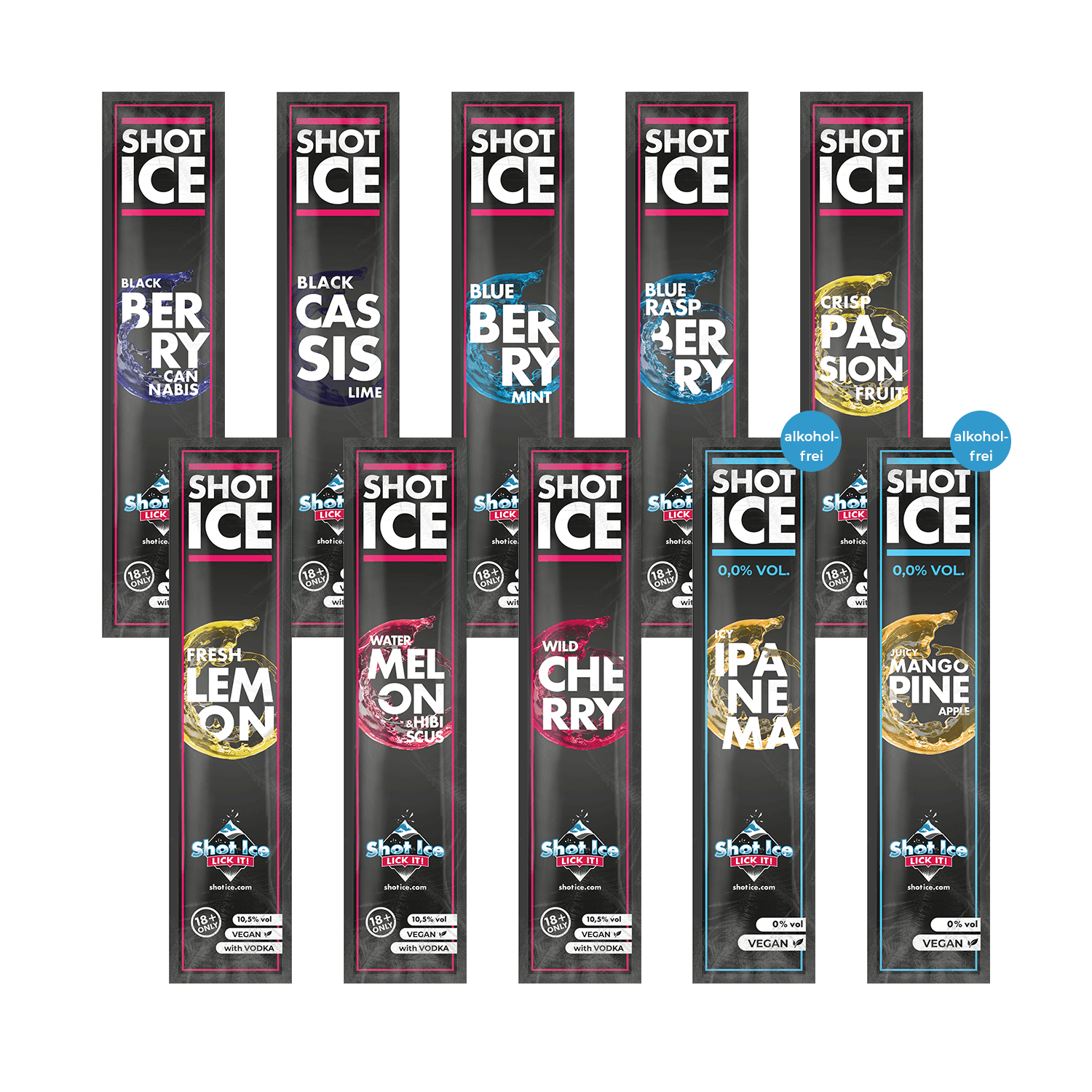 Shot Ice Mix-Paket 10 Sorten "Complete Collection" - Wassereis mit 10,5% Alk. - Ab 18 Jahren